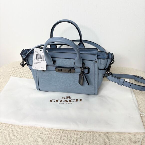 Coach Swagger 20 Pebble Leather Satchel 36235 Cornflower Blue Crossbody Bag - Picture 4 of 11